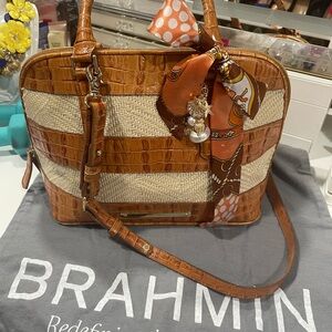 Brahmin Tan and Brown Satchel with Orange Accents